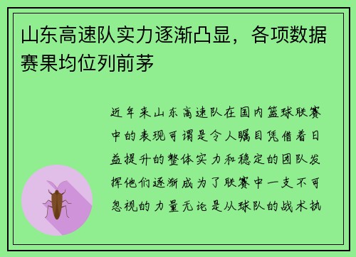 山东高速队实力逐渐凸显，各项数据赛果均位列前茅