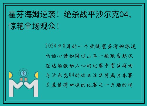 霍芬海姆逆袭！绝杀战平沙尔克04，惊艳全场观众！